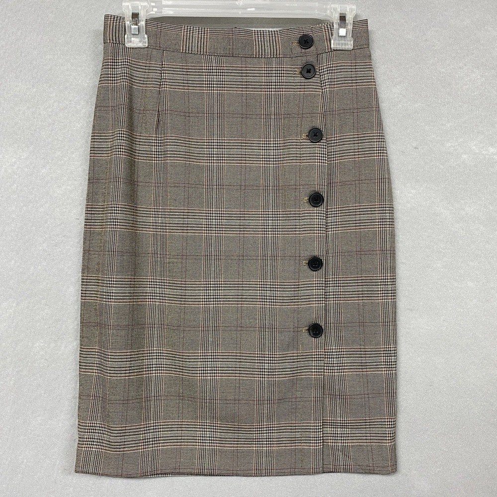 H&M Womens 4 Pencil Skirt Brown Plaid Dark Academia 90s Preppy Stretch